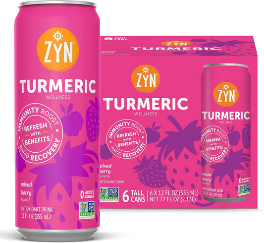 ZYN Turmeric Wellness Drink 6-Pack, Mixed Berry Flavored with Black Pepper - No Added Sugar, Low Carb & Calorie, Clean Alternative