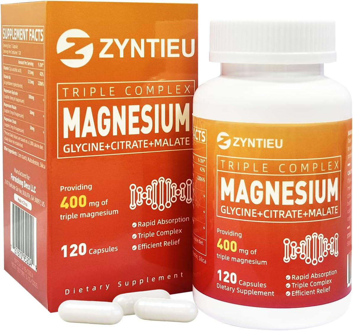 Zyntieu Triple Magnesium Complex with Vitamin C & B6 - 400mg Magnesium Glycinate, Malate & Citrate Capsules for Muscles, Nerves, Energy - Women & Men - 120ct.