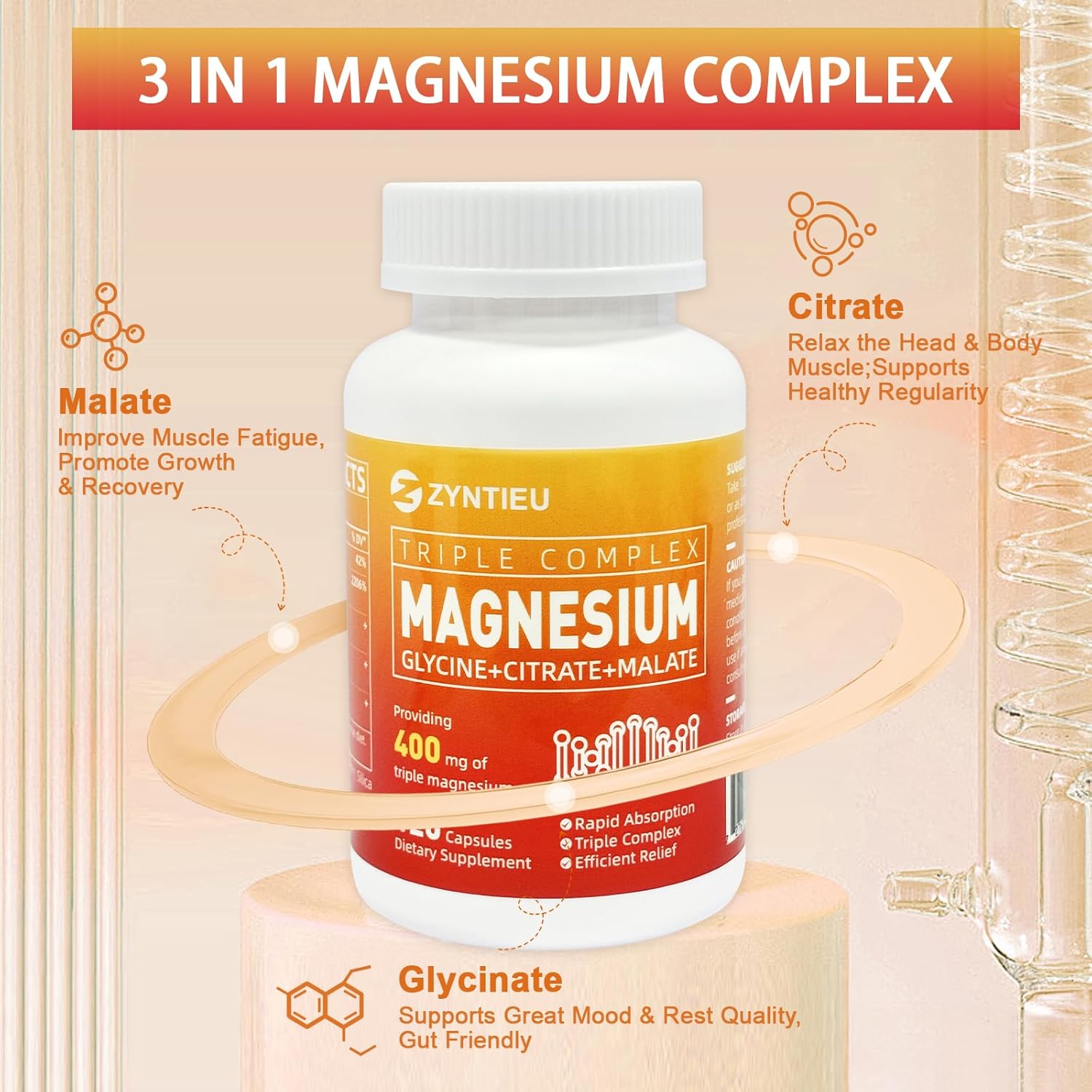 Zyntieu Triple Magnesium Complex with Vitamin C & B6 - 400mg Magnesium Glycinate, Malate & Citrate Capsules for Muscles, Nerves, Energy - Women & Men - 120ct.