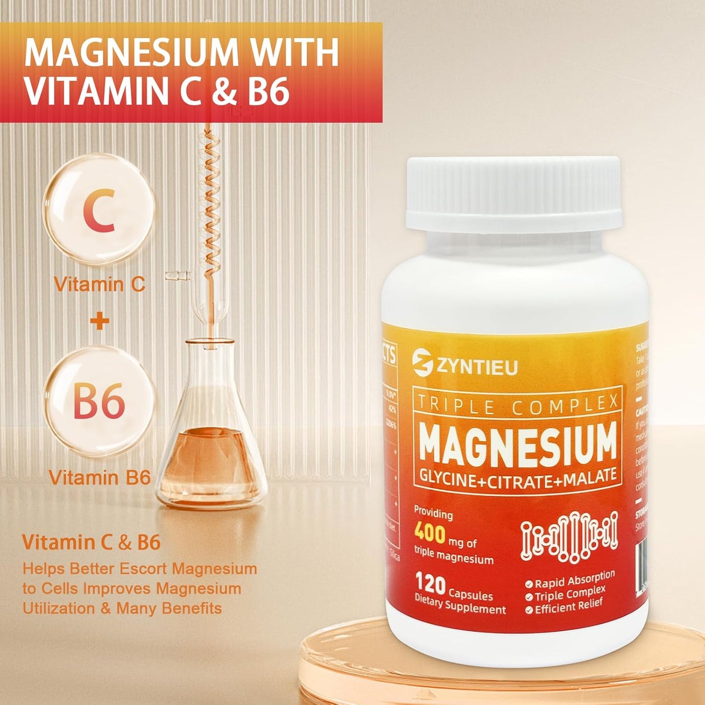 Zyntieu Triple Magnesium Complex with Vitamin C & B6 - 400mg Magnesium Glycinate, Malate & Citrate Capsules for Muscles, Nerves, Energy - Women & Men - 120ct.