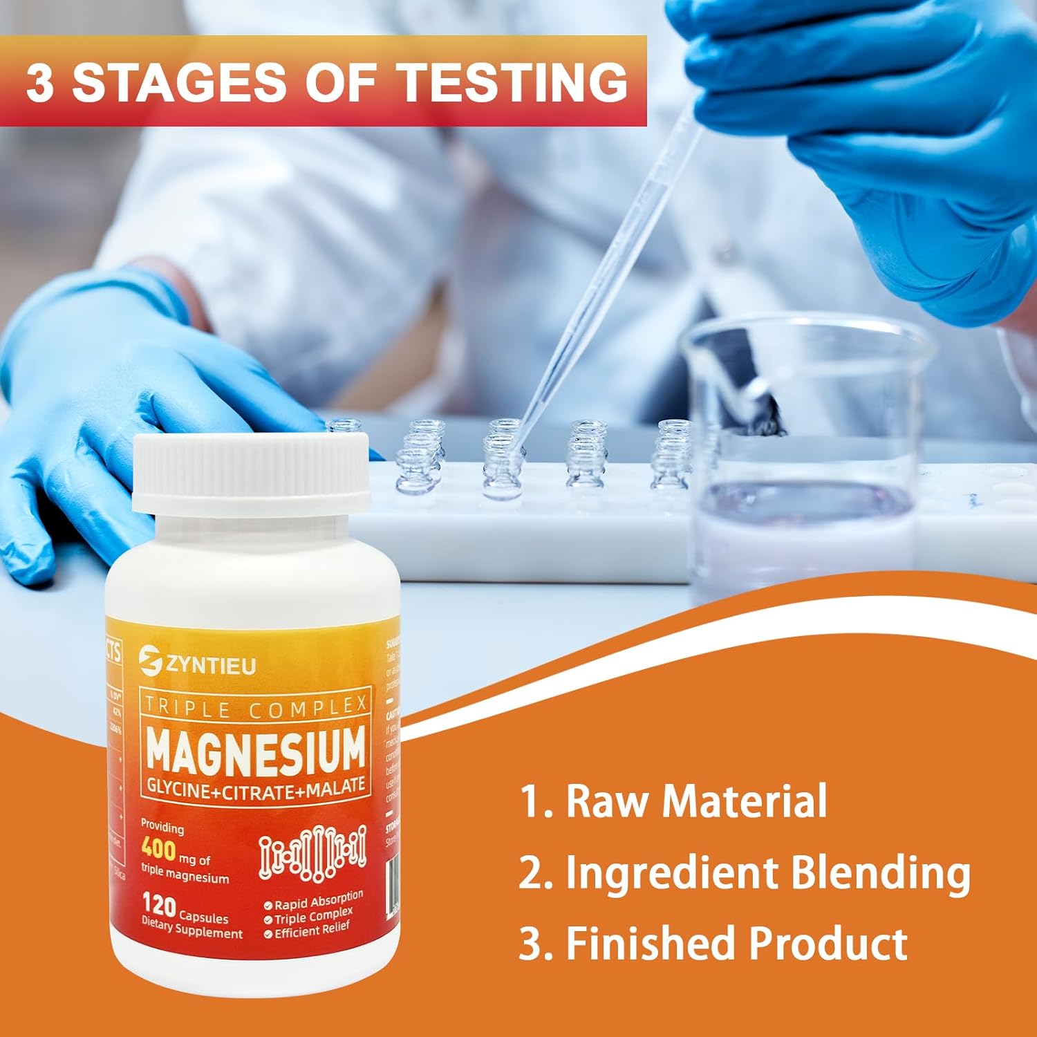 Zyntieu Triple Magnesium Complex with Vitamin C & B6 - 400mg Magnesium Glycinate, Malate & Citrate Capsules for Muscles, Nerves, Energy - Women & Men - 120ct.