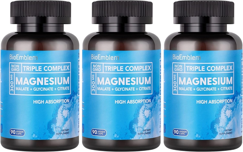 High Absorption Triple Magnesium Complex 300mg | Magnesium Glycinate, Malate Supplement for Nerves, Energy & Muscle Health | Vegan, Non-GMO 270 Capsules
