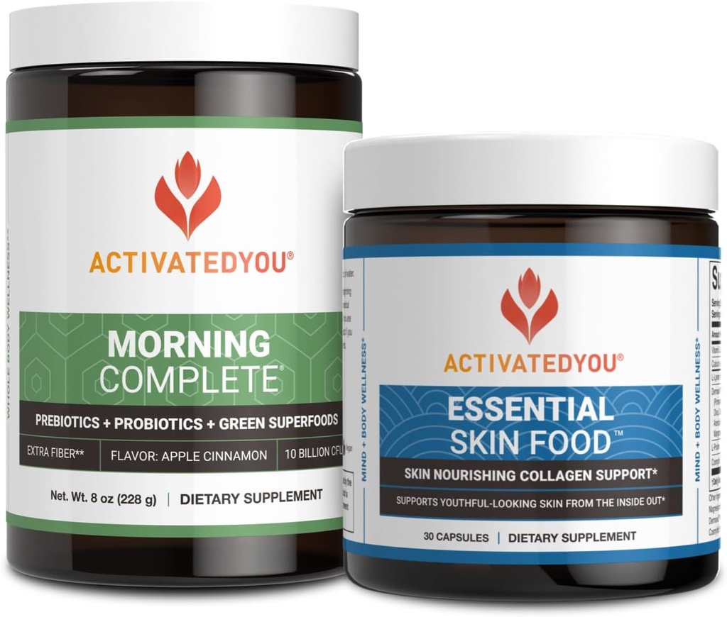 Morning Complete Prebiotics, Probiotics, Green Superfoods with Apple Cinnamon Flavor - Includes Essential Skin Food Collagen and Elastin Support - 30 Servings