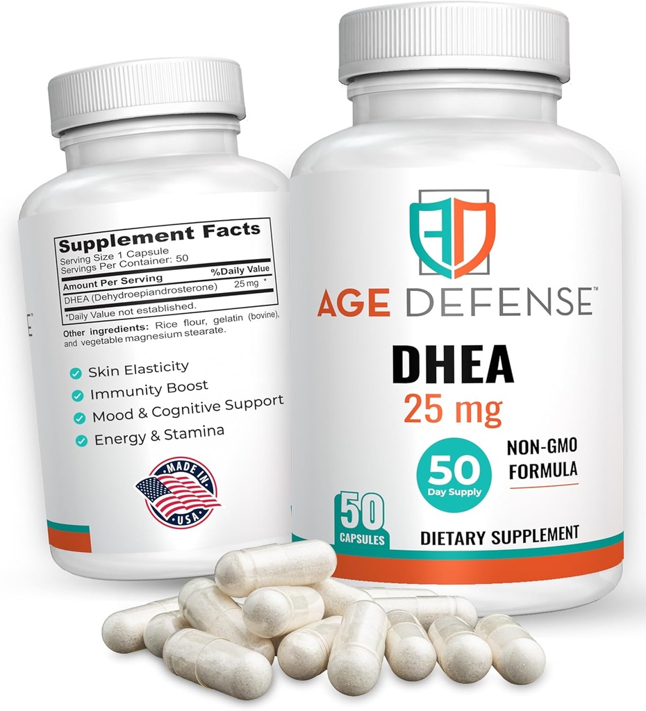 25mg DHEA Capsules - Natural Energy & Immune Support Supplement - 50 Capsules for Vitality, Skin Elasticity, Wellness - Women & Men's DHEA Supplement