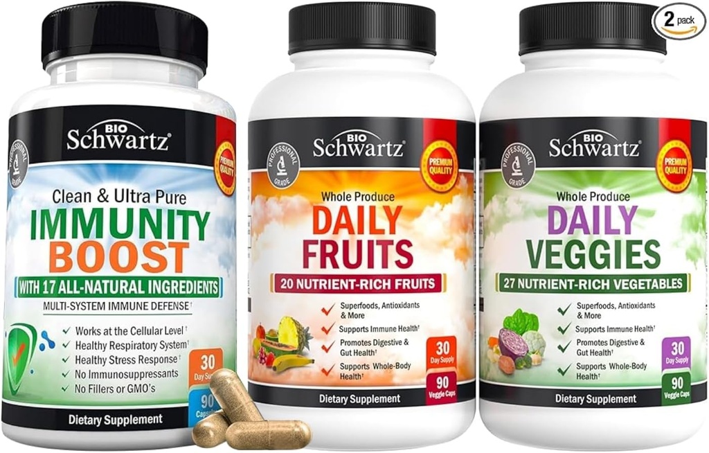 BioSchwartz Daily Fruits and Veggies Supplement + 17 in 1 Immune Support with Antioxidants - 2 Month Supply for Women and Men