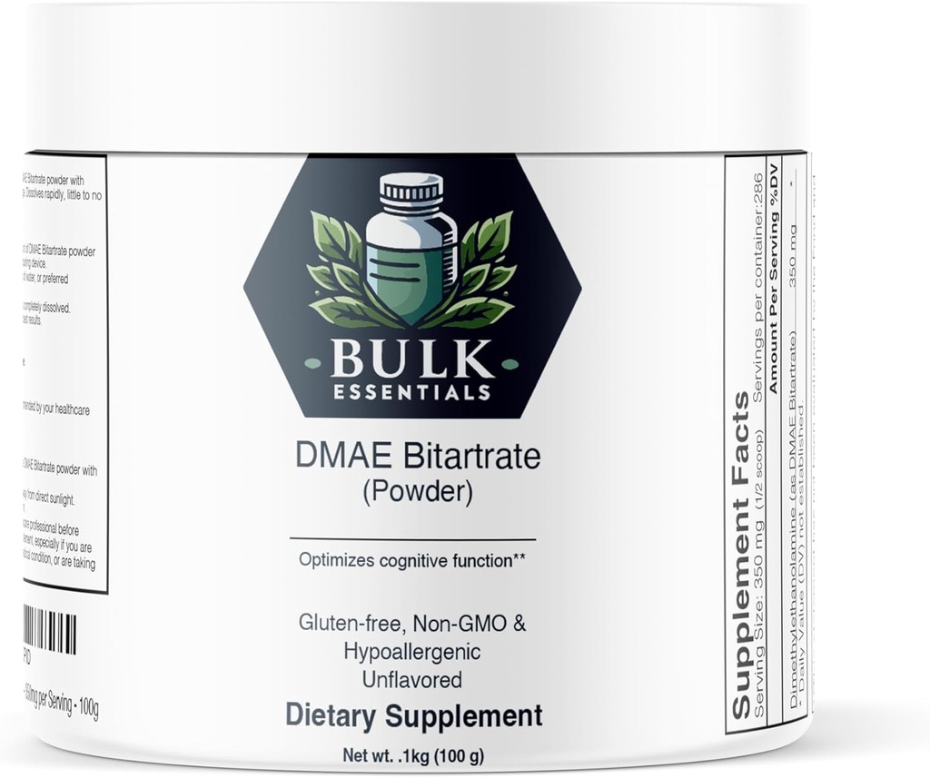 DMAE Bitartrate Powder - Premium Quality DMAE Supplement for Cognitive Function - Gluten-Free - 100g - 350mg per Serving