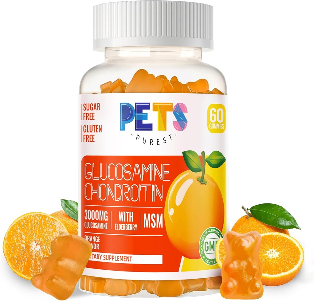 Extra Strength Pets Purest Glucosamine Chondroitin Gummies with MSM, Elderberry - Joint & Immune Support for Adults