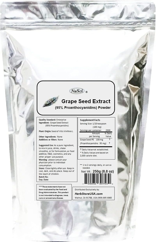250g NuSci Grape Seed Extract Powder (Europe) - 95% Proanthocyanidins OPC - GMO Free & Non-Irradiated - Europe Grown