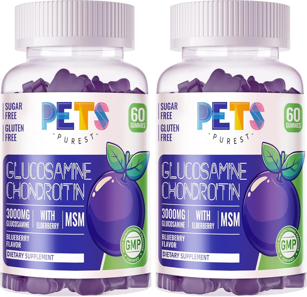 Pets Purest Glucosamine Chondroitin Gummies with MSM & Elderberry - Joint & Immune Support (2 Pack) Blueberry Flavor