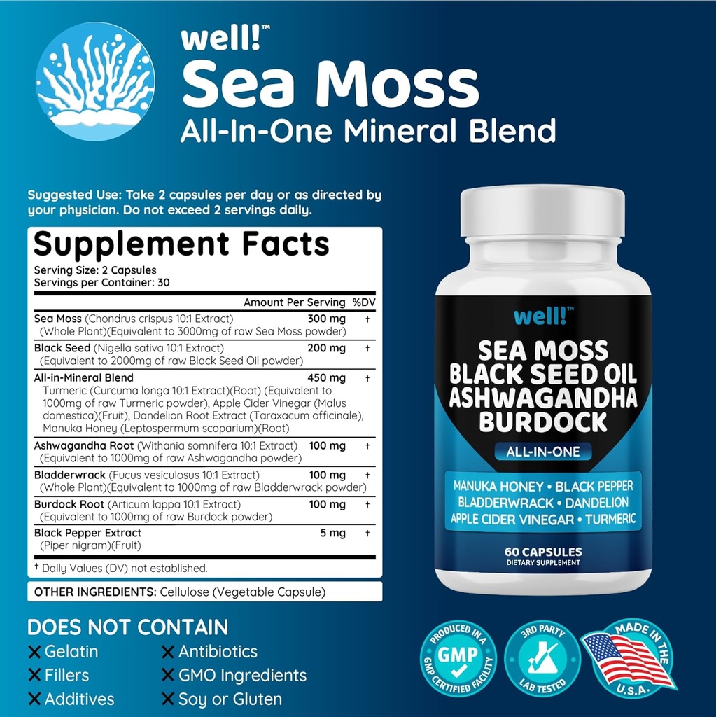 Super Antioxidant Supplement with Sea Moss, Black Seed Oil, Ashwagandha, Bladderwrack, Maca, Turmeric, Manuka Honey, Dandelion, and Black Pepper - 180 Capsules