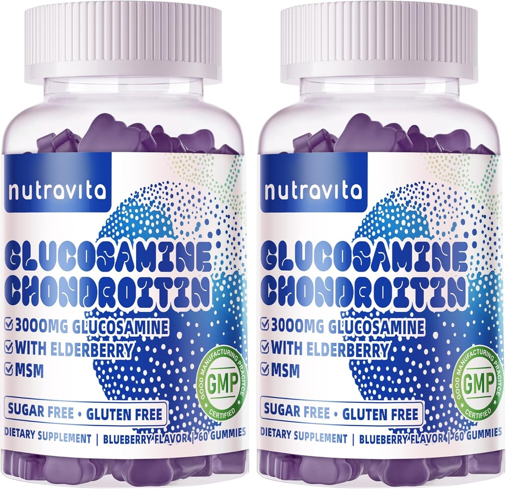 Nutravita Extra Strength Glucosamine Chondroitin Gummies with MSM, Elderberry - Joint & Immune Support for Adults - 120 Blueberry Chews