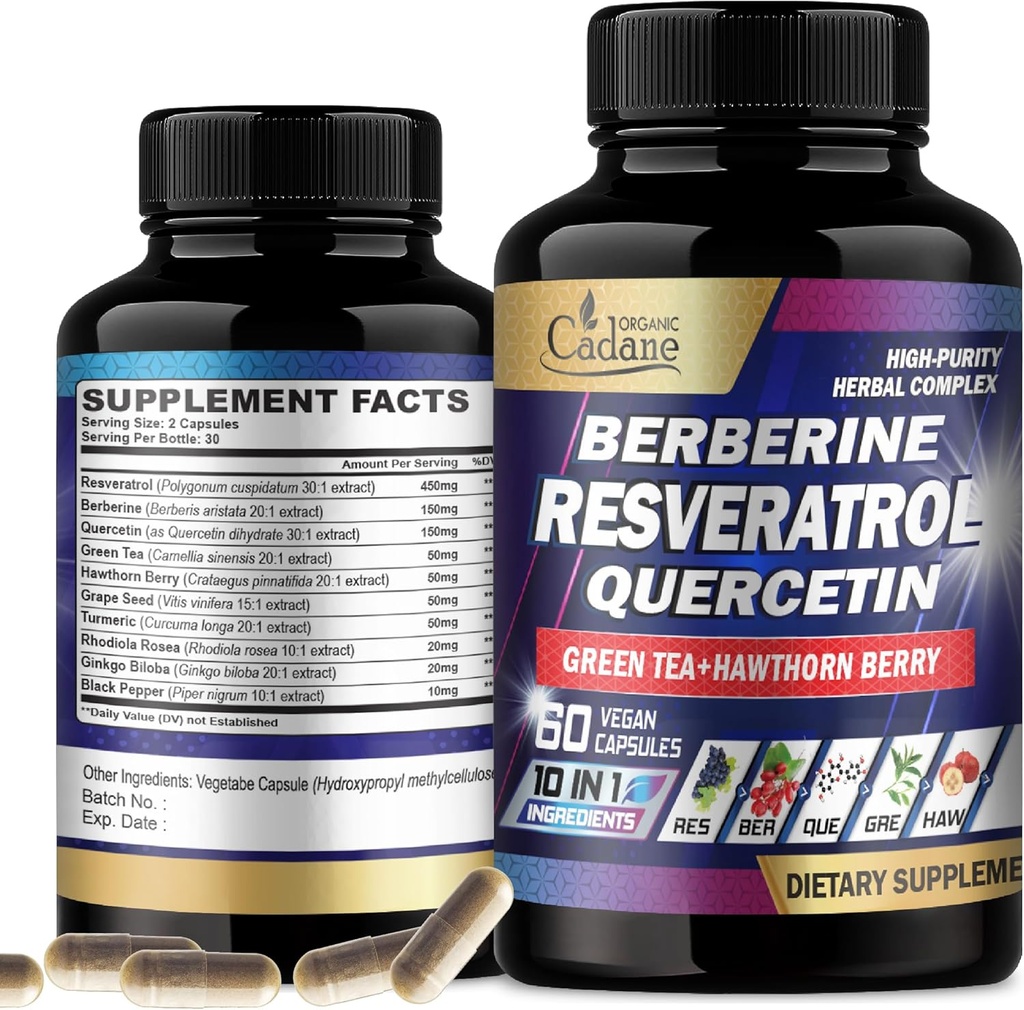 Organic Cadane Resveratrol Supplement with 10 Powerful Antioxidants - 60 Capsules