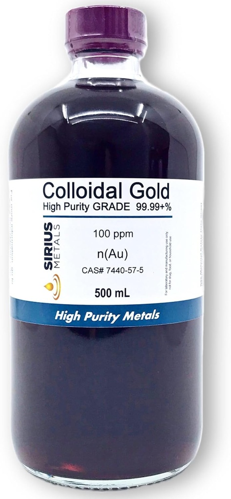 Sirius Metals True Colloidal Gold 100 ppm - High Purity - 500 mL Clear Glass Bottle