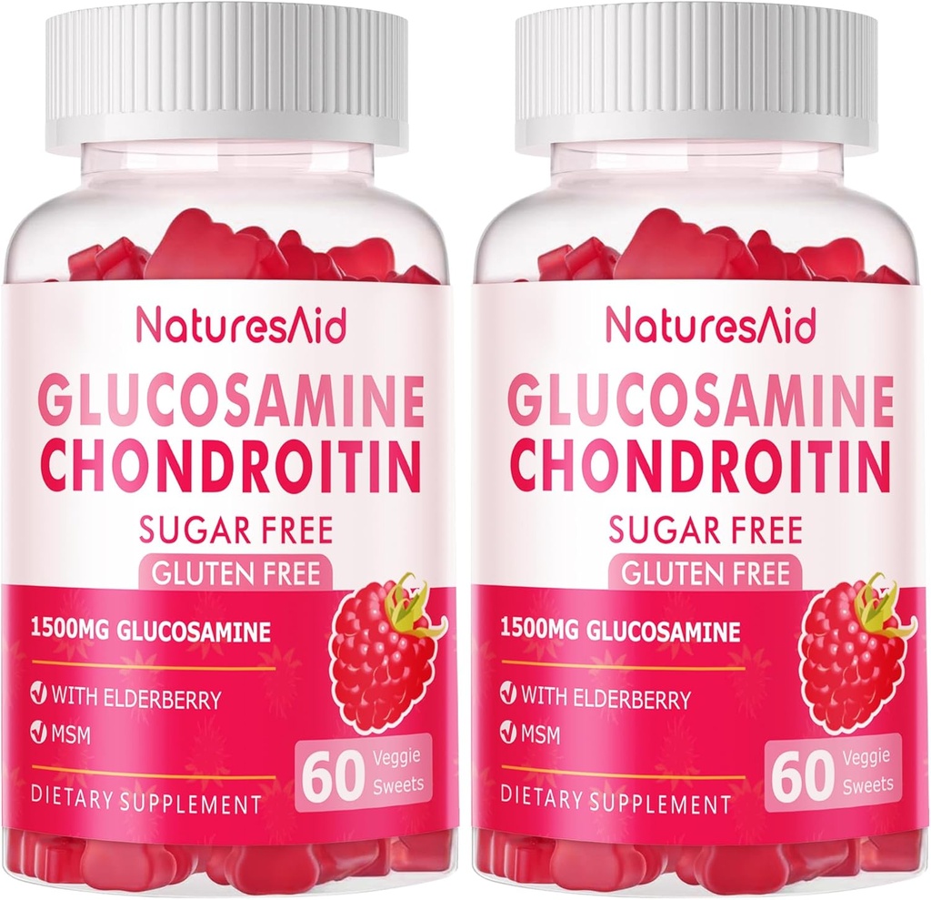 Natures Aid Nutrition Glucosamine Chondroitin Gummies with MSM, Elderberry - Joint & Immune Support (2 Pack, Raspberry Flavor)