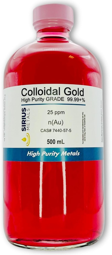 Sirius Metals True Colloidal Gold 25 ppm 99.99+% Purity 500 mL Glass Bottle USA Made