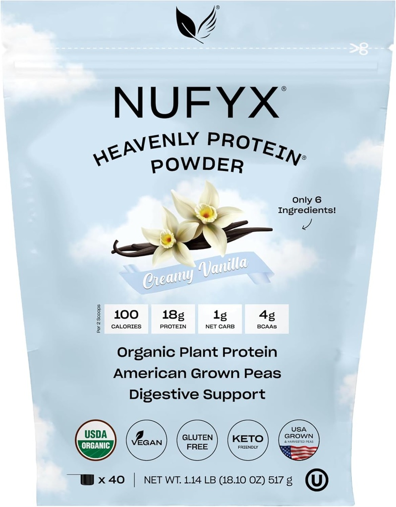 NUFYX® Heavenly Protein® Powder - 100% Organic American Pea Protein - Vegan, Gluten Free, Low Carb - Creamy Vanilla Flavor - 40 Scoops