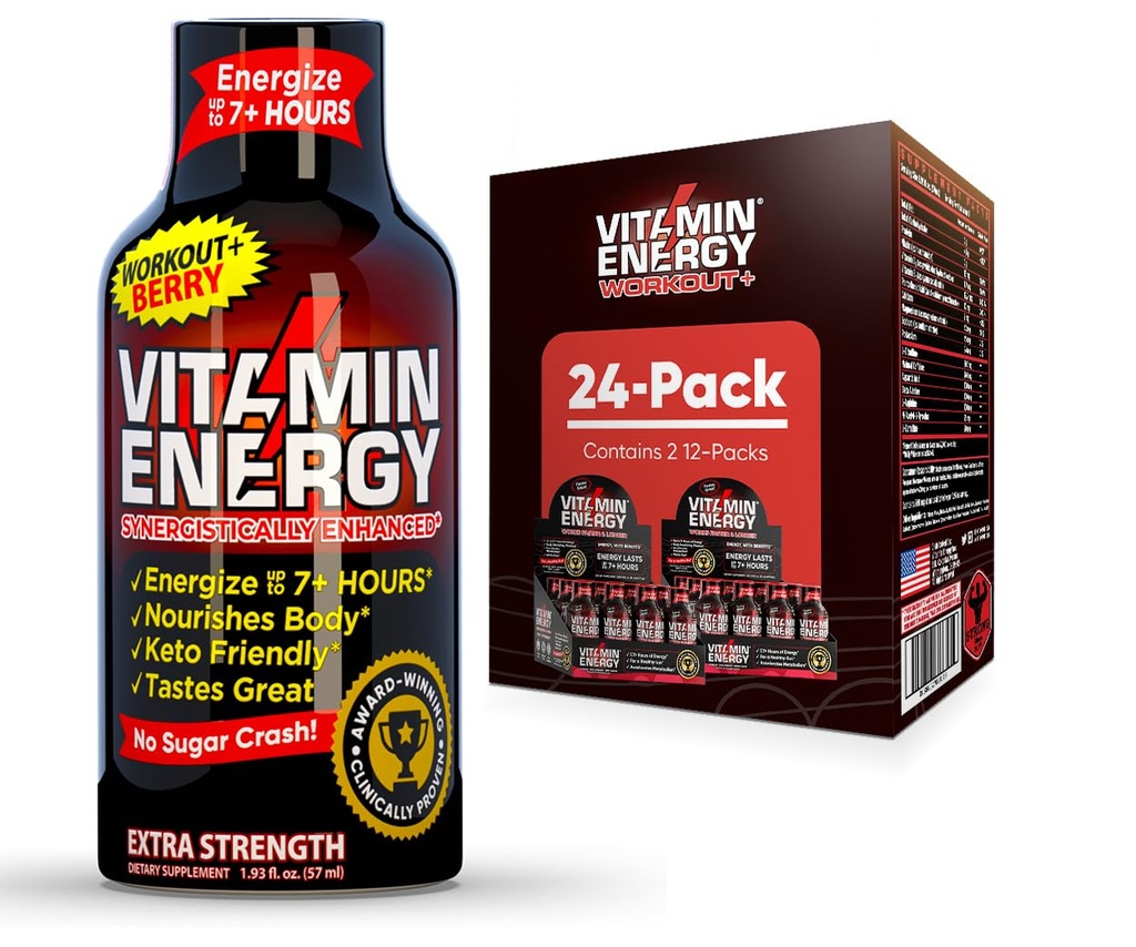 Keto-Friendly Vitamin Energy Shots with Clean Green Tea Caffeine - Berry Flavor - 1.93 Fl Oz (Pack of 24)