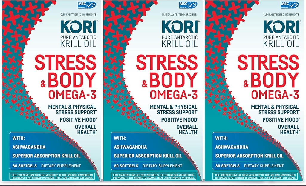 Kori Krill Stress & Body Adaptogen Supplement - Omega-3 & Ashwagandha for Heart, Brain, Eye, Joint Health - 240 Softgels