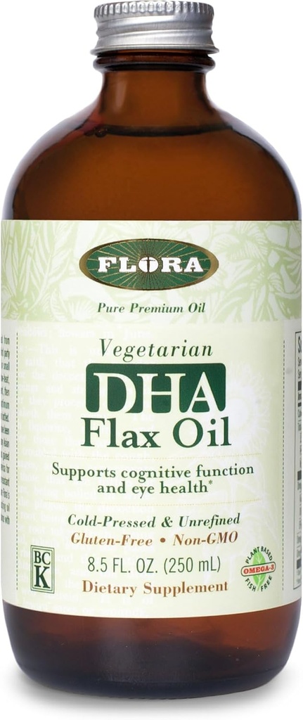 Certified Organic Cold Pressed Flax Seed Oil with DHA, Essential Fatty Acids in 8.5 oz Glass Bottle