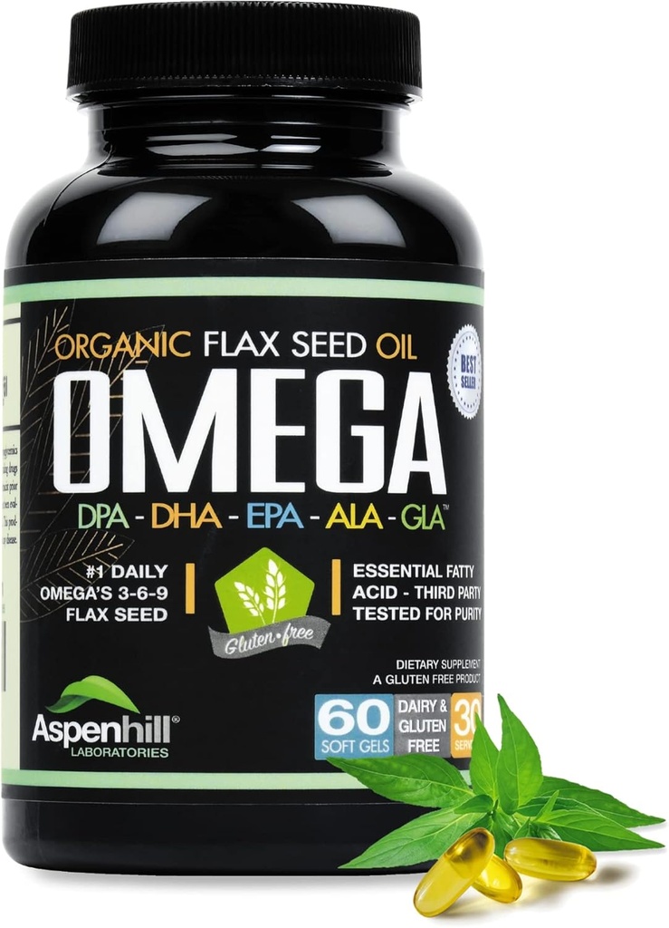 High Strength Omega 3 Super Blend Softgels with Flax Seed Oil - DPA, EPA, DHA, ALA, GLA - Fish, Borage, Organic - 2,400mg - Gluten Free, Made in USA - 60ct