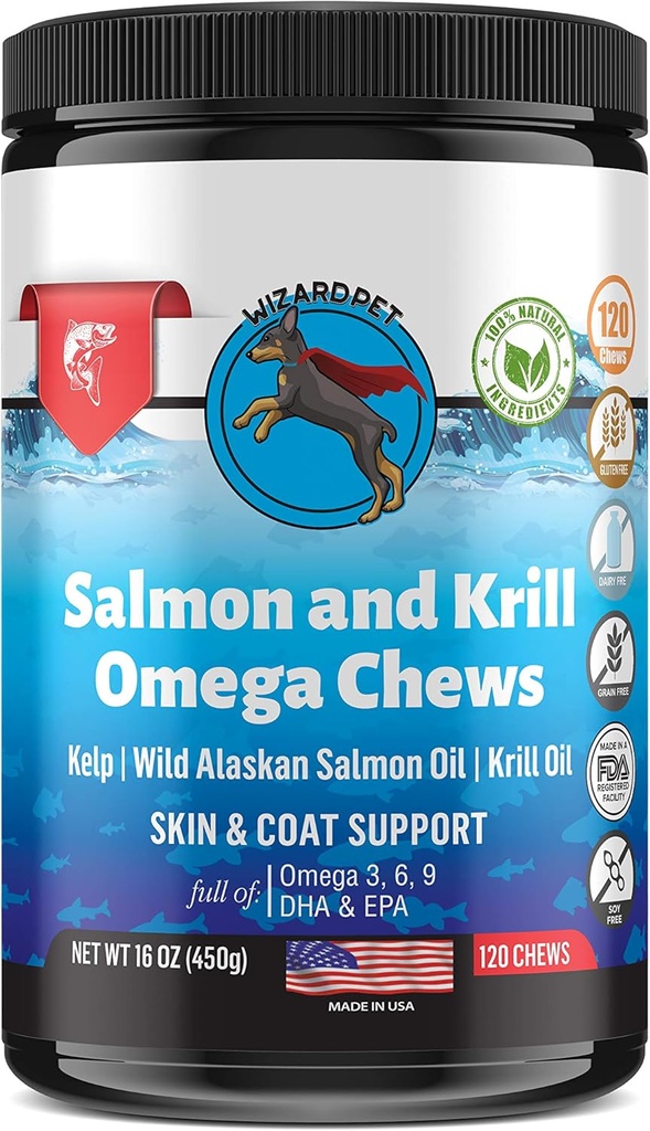 Wild Alaskan Salmon Krill Oil Chews for Dogs - Omega 3 6 9 Supplement for Skin Coat Joints - Allergy Relief - Reduce Shedding - Made in USA