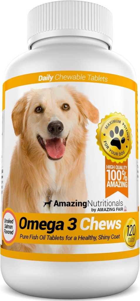Omega 3 Fish Oil Chews for Dogs - Itchy Skin Relief & Coat Health - Salmon Flavor - 120 Chews