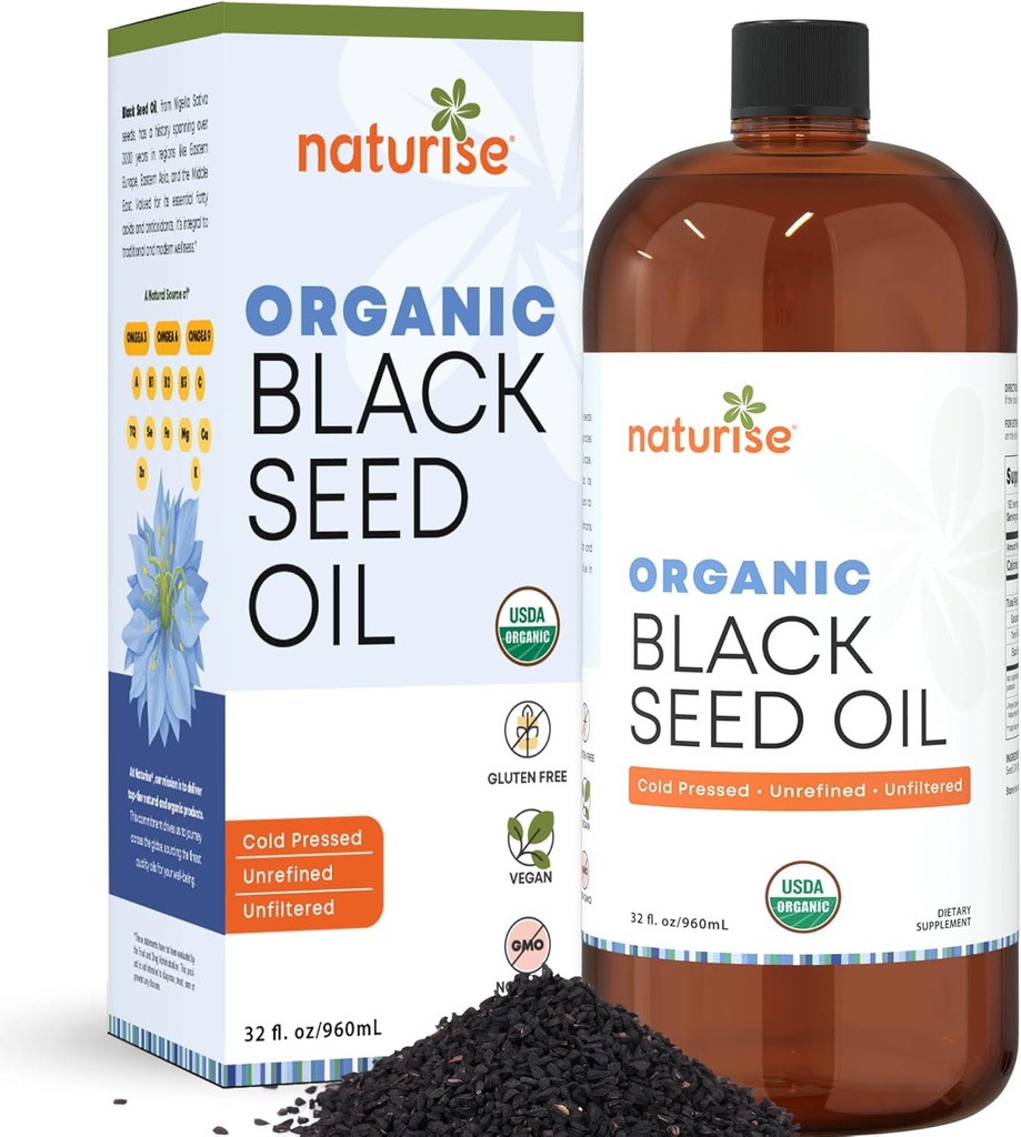 32 Fl Oz Naturise Organic Black Seed Oil - Cold Pressed Cumin Seed Oil for Hair, Skin & Wellness - Vegan Non-GMO Gluten Free Liquid Nigella Sativa Oil