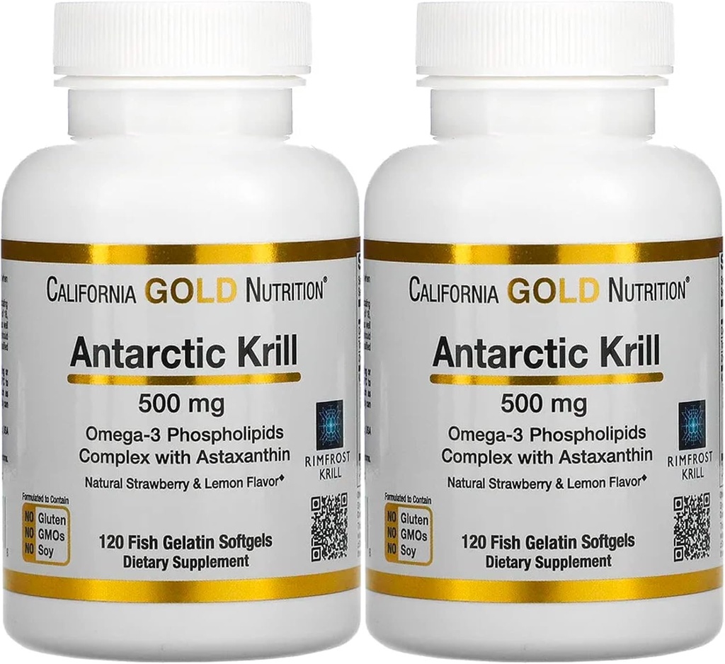 California Gold Nutrition Antarctic Krill Oil Softgels - High Omega-3 with Astaxanthin, Strawberry Lemon Flavor, Non GMO, Gluten Free - 2 Pack, 120 Count