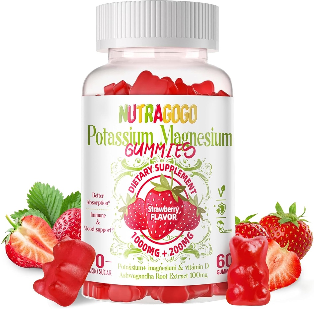 Potassium Magnesium Gummies with Ashwagandha for Adults and Kids - 60 Strawberry Chews, Sugar-Free Formula with High Absorption Magnesium Glycinate, B6, D3, and Potassium Citrate