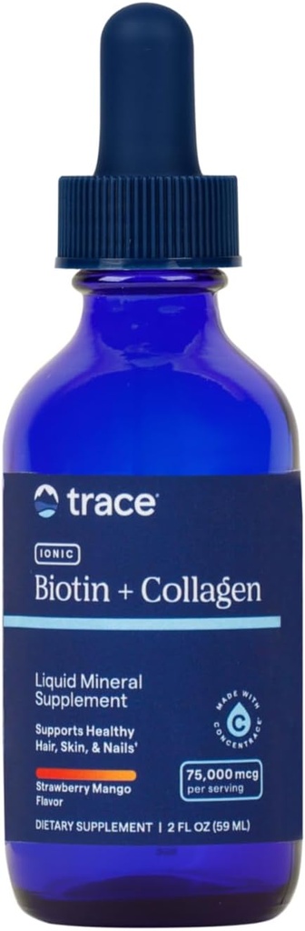 High-Potency Trace Minerals Ionic Biotin & Collagen Supplement for Healthy Hair, Skin, and Joints - Strawberry Mango, 2 fl oz