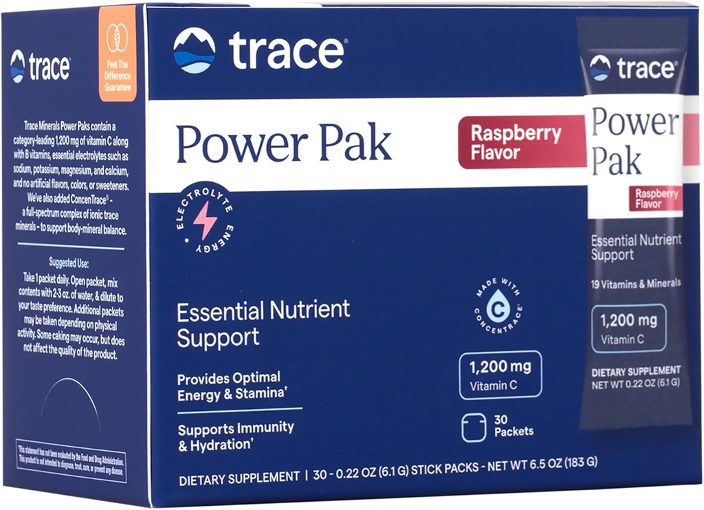 Raspberry Electrolyte Powder Packets with Trace Minerals, 1200 mg Vitamin C, Zinc, and Magnesium - Immunity Boost and Hydration - 30 Packets