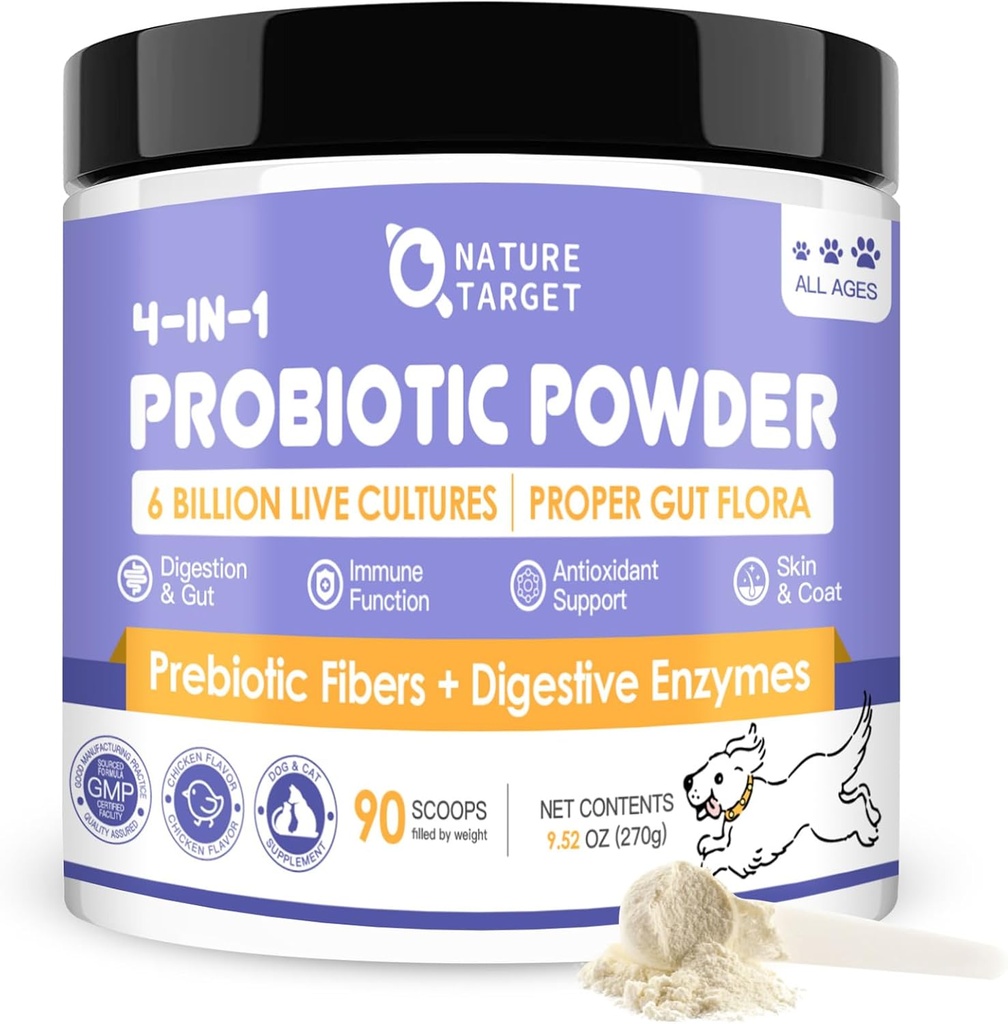 Dog Probiotic Powder with Prebiotic, Digestive Enzymes, and Fiber - 6 Billion CFU, 90 Servings, Supports Gut Health and Immune System to Relieve Diarrhea and Loose Stool