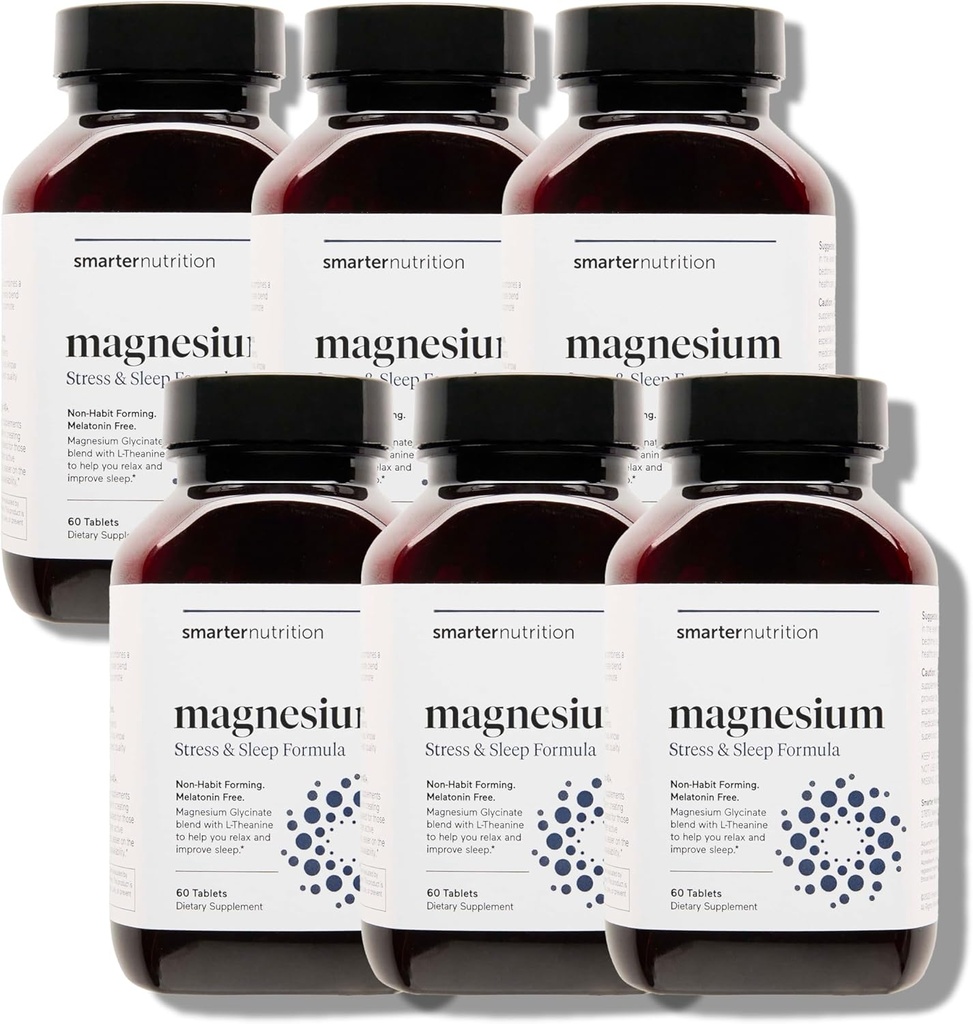 Smarter Nutrition Magnesium Complex - Chelated Glycinate, Citrate, Malate, Hydroxide - Sleep & Stress Support with L-Theanine - Soy-Free - 360 Count (Pack of 6)