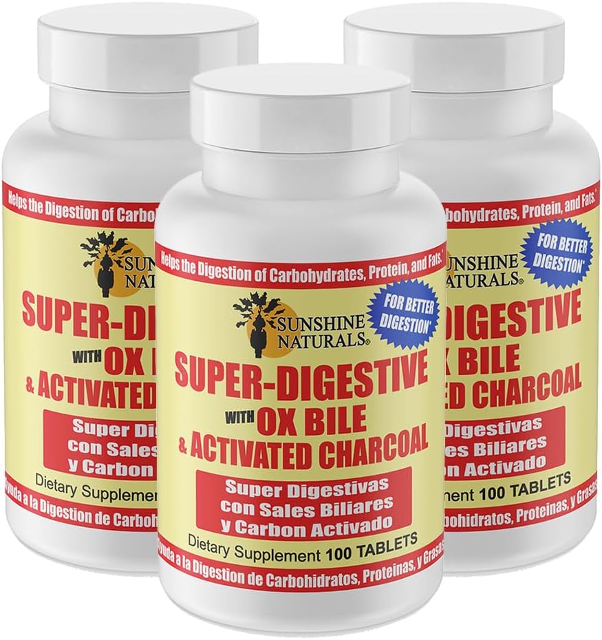Sunshine Naturals Digestive Support Supplement with Ox Bile & Activated Charcoal - 100 Tablets (Pack of 3) for Bloating Relief, Gut Cleanse, and Nutrient Absorption