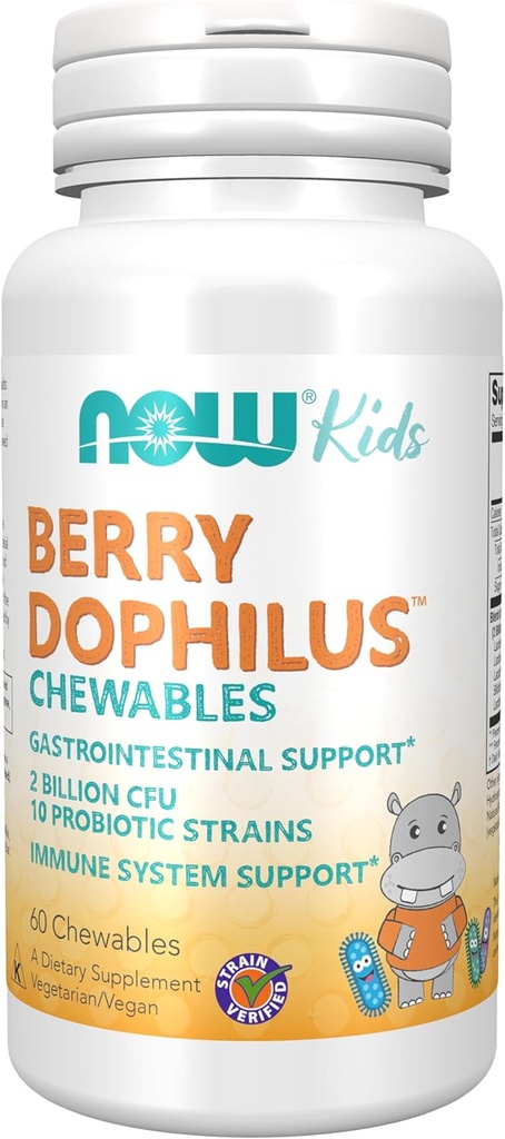 NOW Foods BerryDophilus™ Chewable Probiotic Supplements - 2 Billion CFU, 10 Strains, Xylitol Sweetened - 60 Count