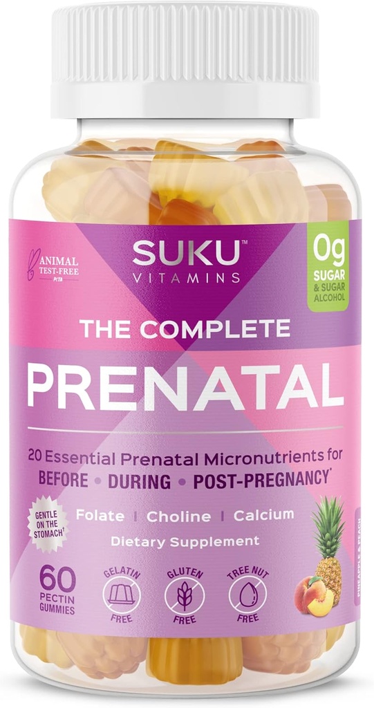 Pineapple Peach Flavored Prenatal Gummy Vitamins with Calcium, Vitamin B12, K2 - 60 Count - Non GMO, Gluten & Sugar Free