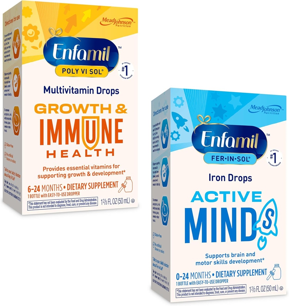 Enfamil Prenatal Vitamins & Iron Drops for Babies: Poly-Vi-Sol & Fer-in-Sol Liquid Multivitamin Supplements, 2x50mL
