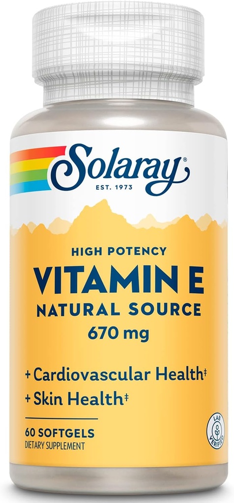 Solaray Vitamin E 1000 IU Softgel Capsules - High Potency d Alpha Tocopherol Supplement for Skin Health, Heart Function, and Antioxidant Support - 60 Softgels, 60 Servings - 60-Day Guarantee