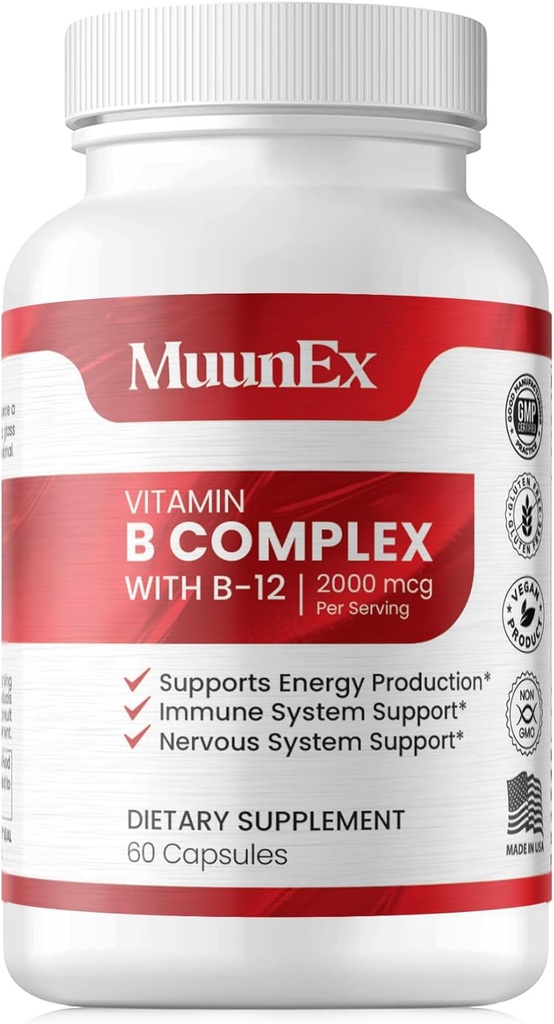 MuunEx B-Complex Capsules with Vitamin C, Choline, Folate - Energy Boost & Nervous System Support for Vitality & Sustained Energy