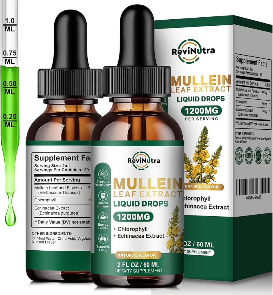 2 Pack ReviNutra Mullein Leaf Extract Liquid Drops - 1200mg Chlorophyll Lung Cleanse & Detox - Supports Respiratory, Immune, Digestive System