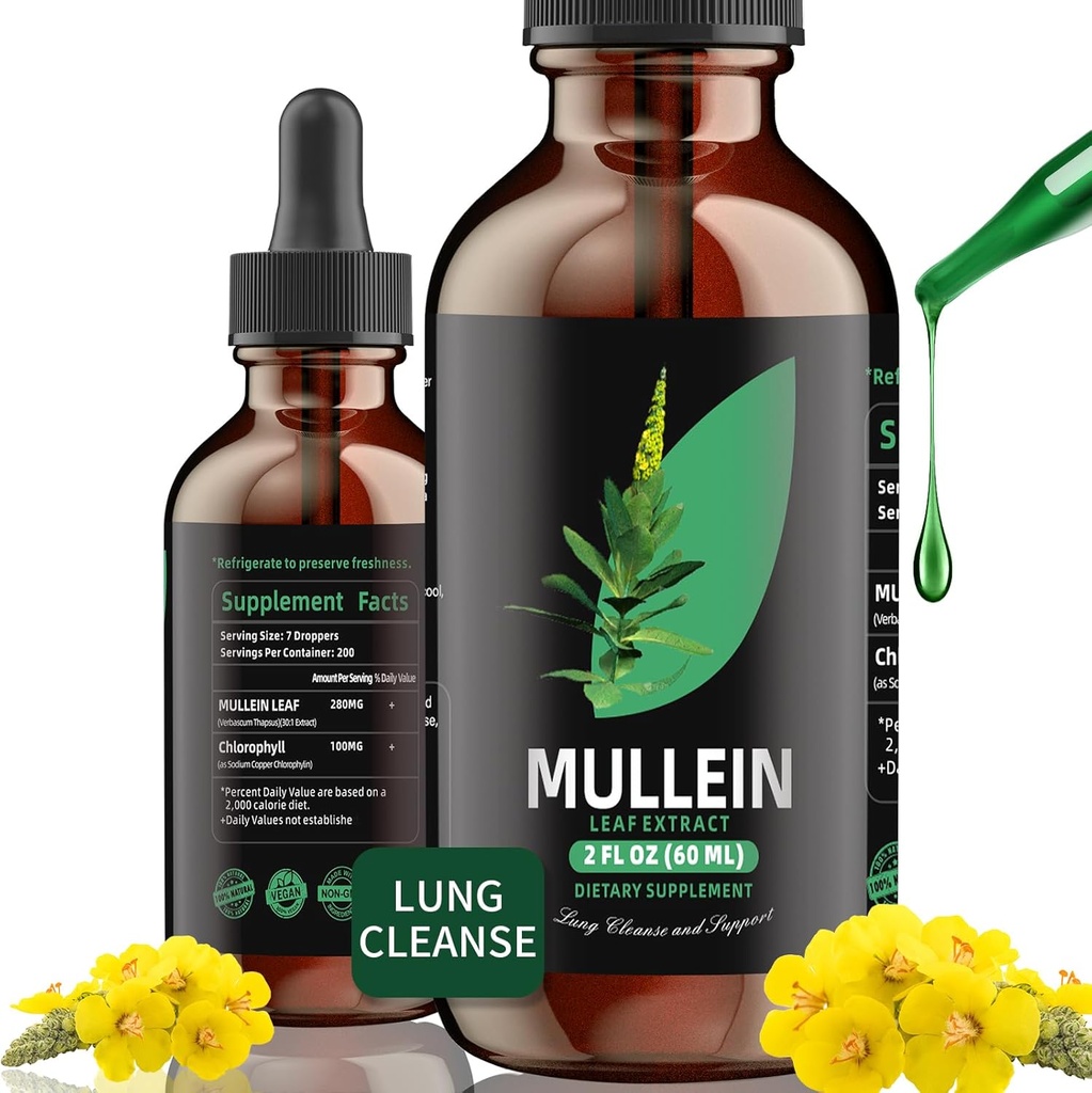 Chlorophyll & Mullein Leaf Extract for Lung Cleanse & Healthy Breathing - Natural Tincture Drops, Non-GMO, Vegetarian - 1 Month Supply