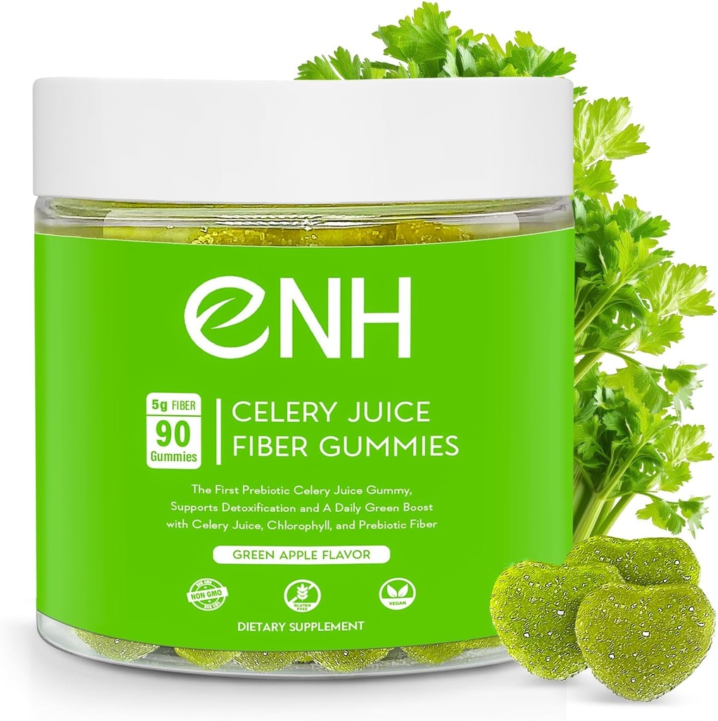 Organic Celery Juice Fiber Gummies - Daily Detox & Wellness Boost with Prebiotic Fiber & Chlorophyll (90 Count)