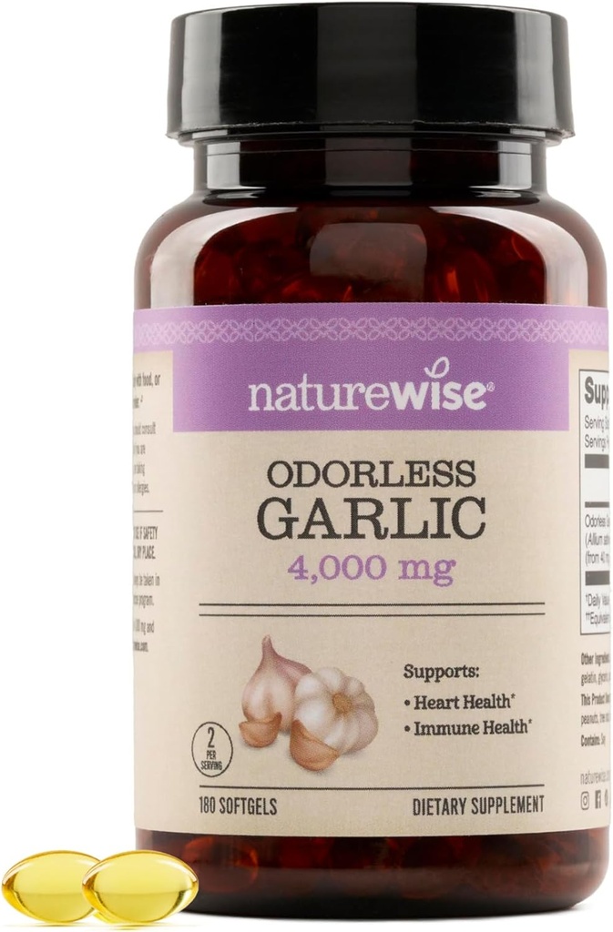 NatureWise Odorless Garlic Supplement 4000mg - Cholesterol & Heart Health Formula - Non-GMO, Gluten Free - 180 Count