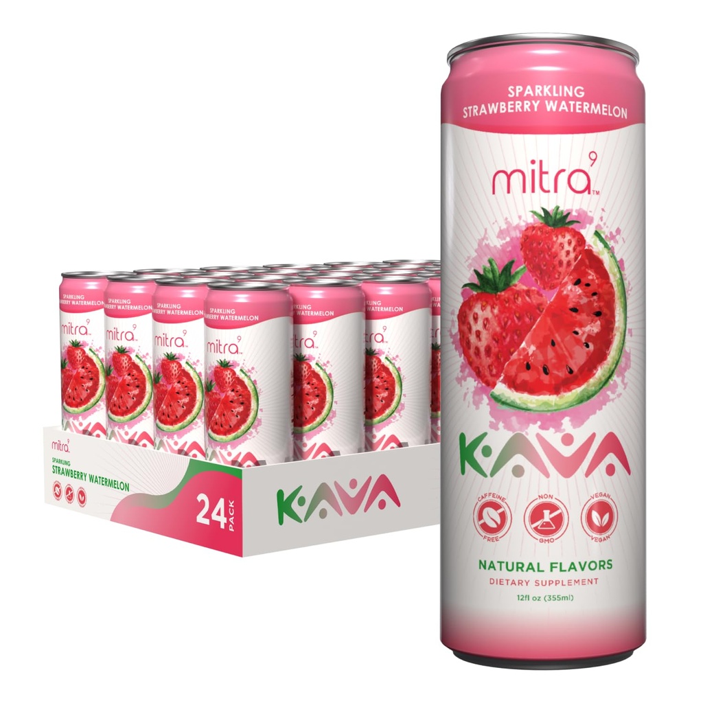 Mitra9 Sparkling Kava Drink with Strawberry Watermelon Flavor - Mood Enhancer with Kava Root Extract - Plant Based Calm & Clarity - 24 Pack of 12 Fl. Oz Cans