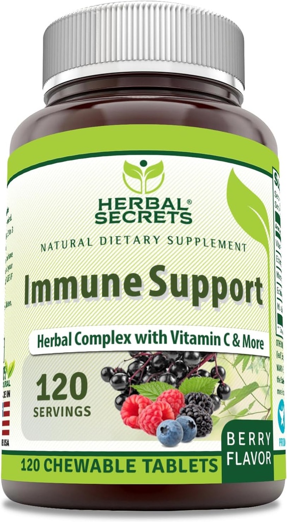 120 Count Herbal Secrets Immune Support Chewable Tablets with Vitamin C & Elderberry - Berry Flavor - Non-GMO & Gluten-Free - Made in USA