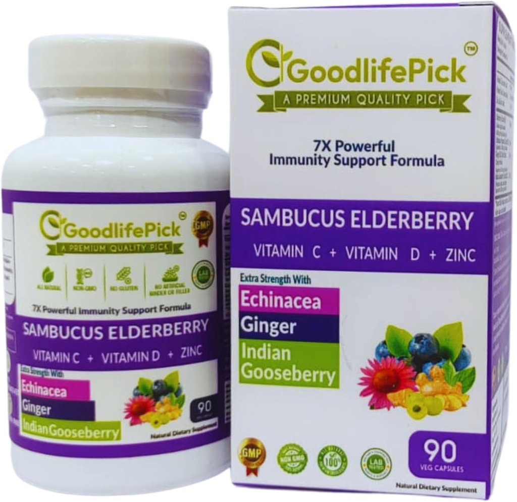 Premium 7-in-1 Elderberry Capsules with Zinc, Vitamin C, D, Echinacea, Ginger, Amla - 90 ct Vegan Non-GMO Gluten-Free