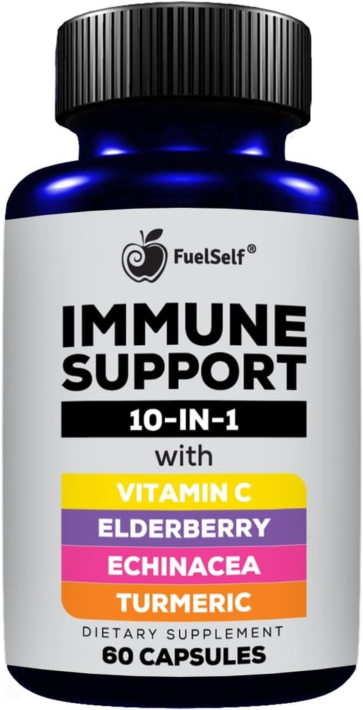 60 Count FuelSelf Immune Support Booster Supplement with Elderberry, Vitamin C, Echinacea, Turmeric, Zinc, L-Glutamine, Garlic, Probiotics