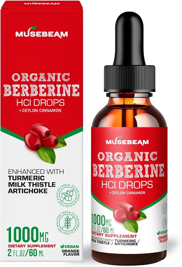 Organic Berberine HCl Liquid Drops with Ceylon Cinnamon Turmeric Milk Thistle Artichoke - High Bioavailability Supplement for Men and Women - Vegan, Sugar Free, Gluten Free - 1000mg - 2fl. oz