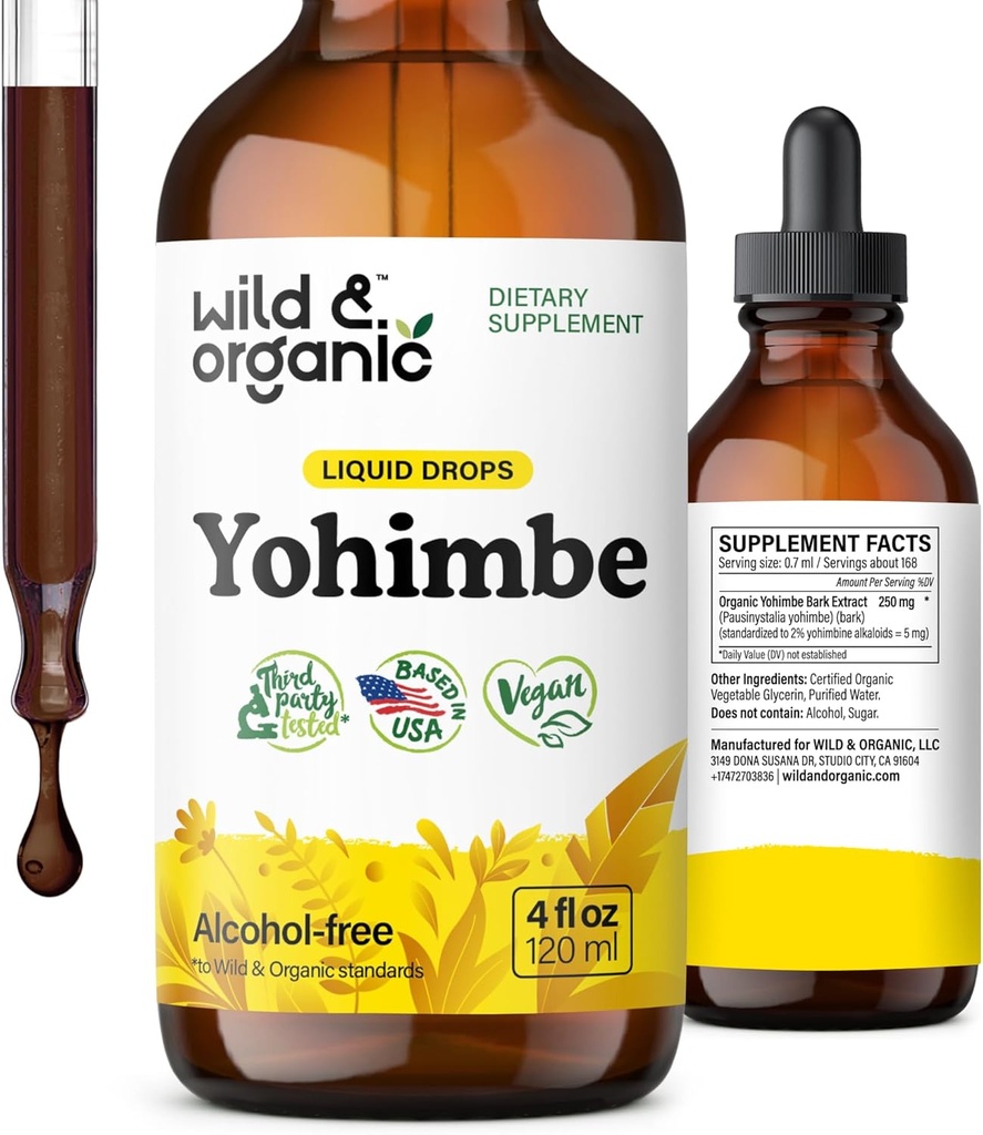 Organic Yohimbe Supplement for Men & Women - 5mg Yohimbine Extract - Alcohol-Free Drops - Vegan & Non-GMO - 4 fl oz