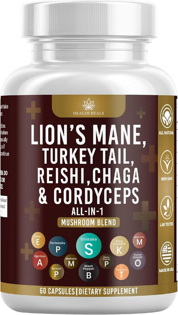 60 Count Health Heals Mushroom Supplement with Lion's Mane, Turkey Tail, Reishi, Cordyceps, Chaga, and Marshmallow Root
